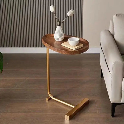 C-Shaped Mobile Side Table – Compact Wood and Metal Design for Sofa or Bed
