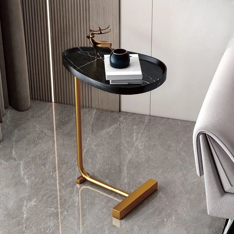 C-Shaped Mobile Side Table – Compact Wood and Metal Design for Sofa or Bed
