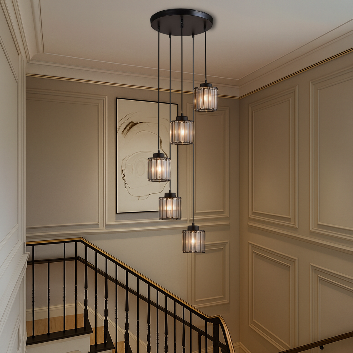 Multi-Tier Drop Chandelier for High Ceilings with Ribbed Glass Shades in Black Finish | Adjustable Vertical Lighting for Staircases, Foyers,