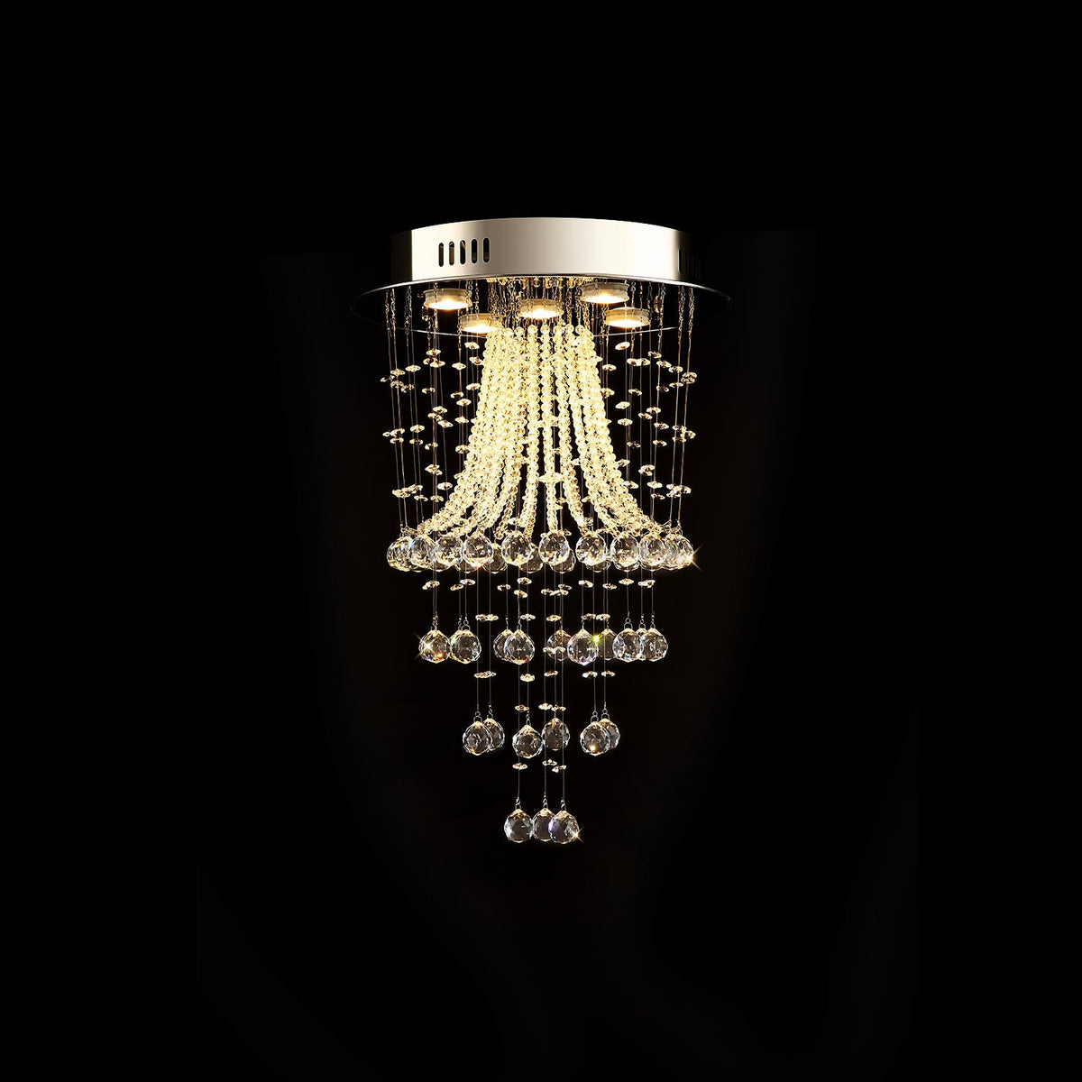 Chrome Ceiling Light with Cascading K9 Crystal Strands for Bedroom, Living Room & Hallway | 5-Light Flush Mount Fixture with GU10 Sockets