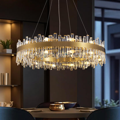 Tiered Crystal Ceiling Fixture in Gold Finish for Dining Rooms and Kitchen Islands – Adjustable Height, Multi-Size Options, E12 Candelabra B