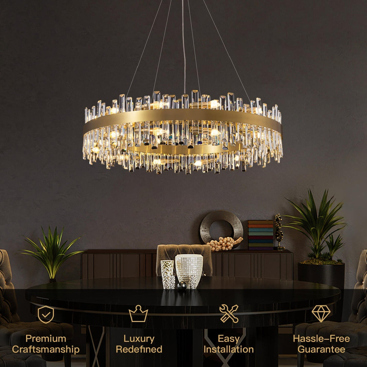 Tiered Crystal Ceiling Fixture in Gold Finish for Dining Rooms and Kitchen Islands – Adjustable Height, Multi-Size Options, E12 Candelabra B
