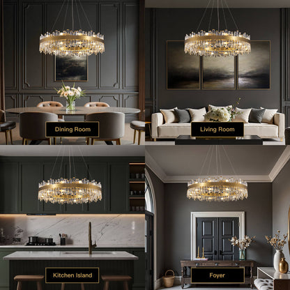 Round Crystal Chandelier Gold Metal 20-Inch Adjustable Height Ceiling Fixture Hanging Lights for Dining Tables Kitchen Islands Living Spaces