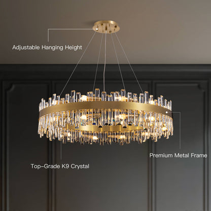 Tiered Crystal Ceiling Fixture in Gold Finish for Dining Rooms and Kitchen Islands – Adjustable Height, Multi-Size Options, E12 Candelabra B
