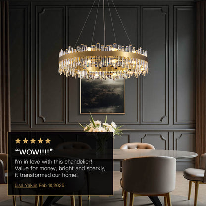 Tiered Crystal Ceiling Fixture in Gold Finish for Dining Rooms and Kitchen Islands – Adjustable Height, Multi-Size Options, E12 Candelabra B