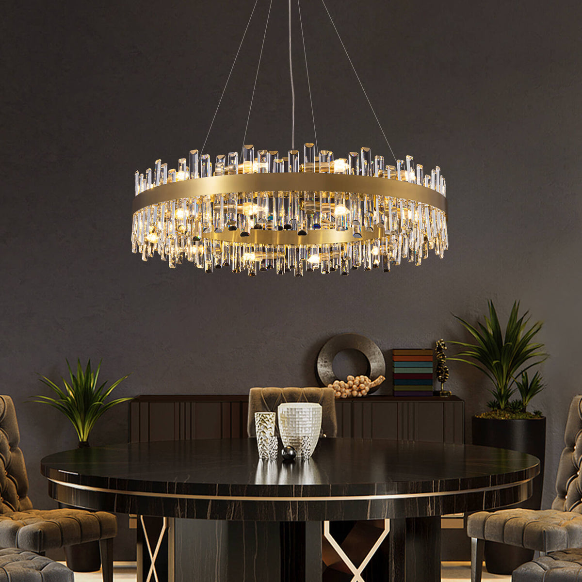 Tiered Crystal Ceiling Fixture in Gold Finish for Dining Rooms and Kitchen Islands – Adjustable Height, Multi-Size Options, E12 Candelabra B