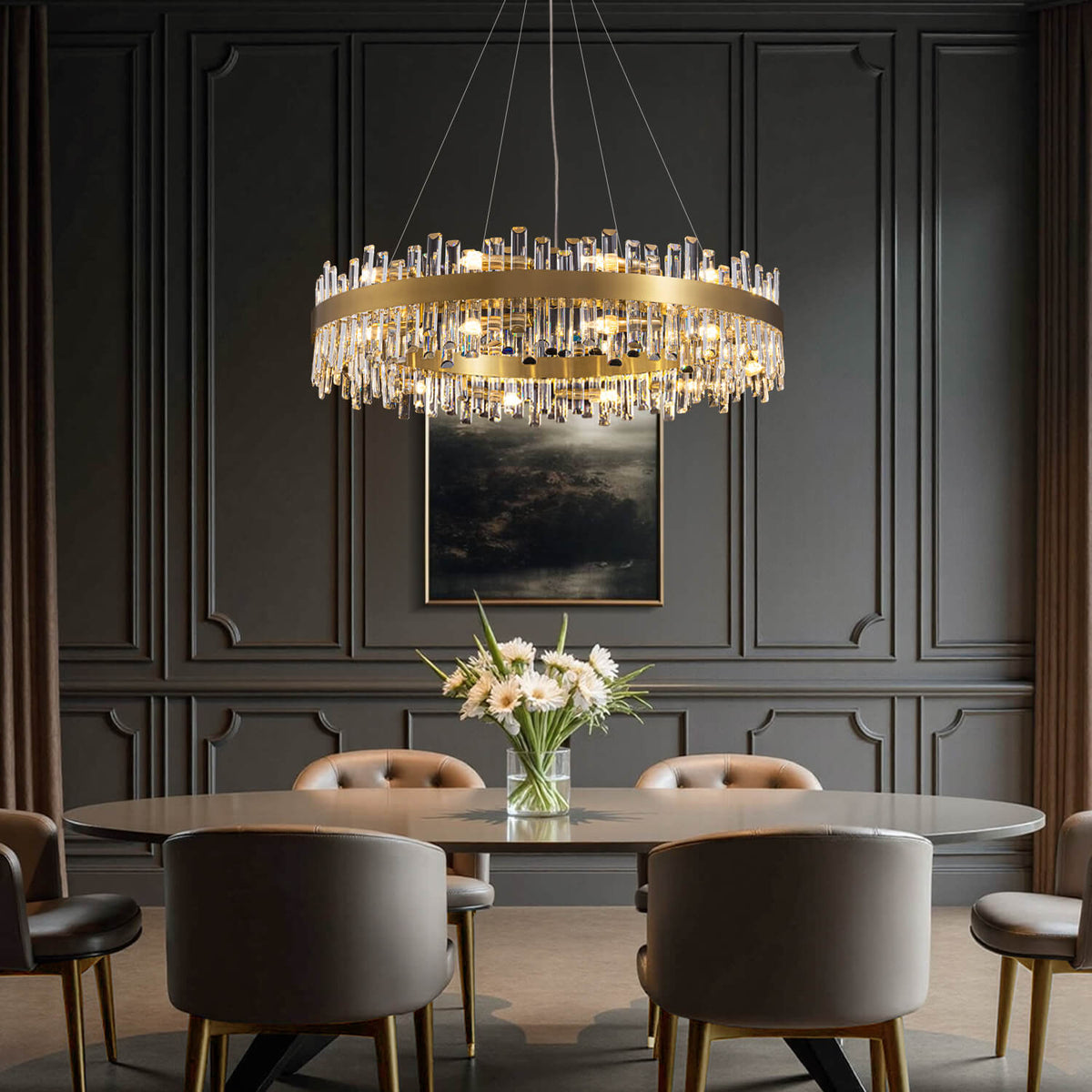 Tiered Crystal Ceiling Fixture in Gold Finish for Dining Rooms and Kitchen Islands – Adjustable Height, Multi-Size Options, E12 Candelabra B