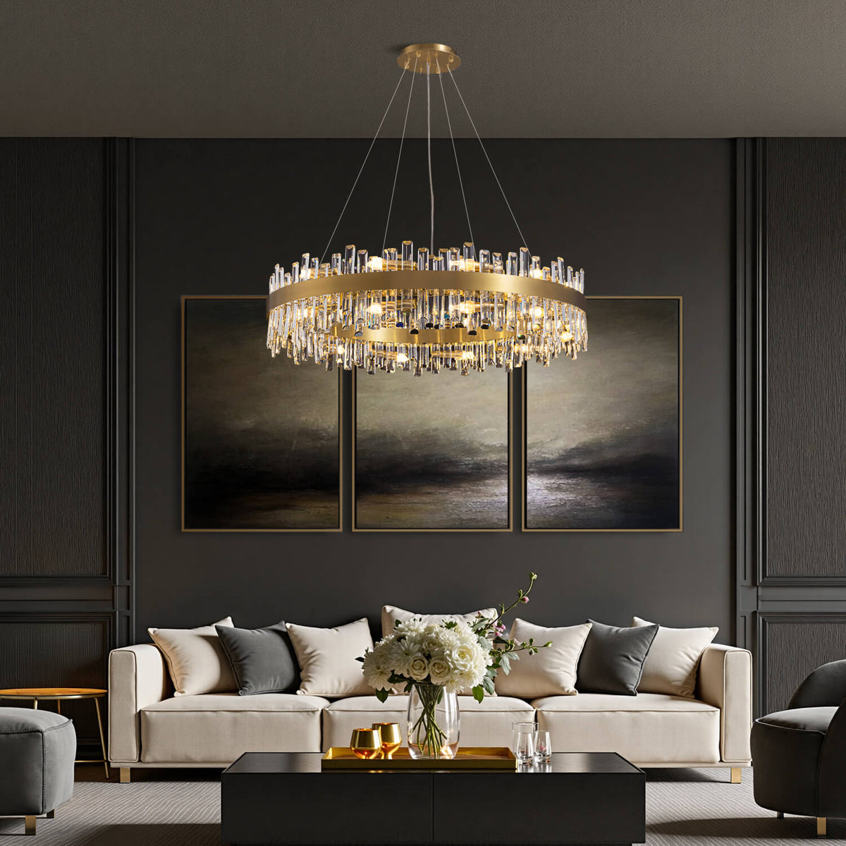 Tiered Crystal Ceiling Fixture in Gold Finish for Dining Rooms and Kitchen Islands – Adjustable Height, Multi-Size Options, E12 Candelabra B