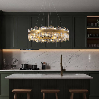 Tiered Crystal Ceiling Fixture in Gold Finish for Dining Rooms and Kitchen Islands – Adjustable Height, Multi-Size Options, E12 Candelabra B