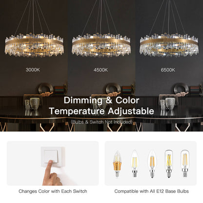 Tiered Crystal Ceiling Fixture in Gold Finish for Dining Rooms and Kitchen Islands – Adjustable Height, Multi-Size Options, E12 Candelabra B