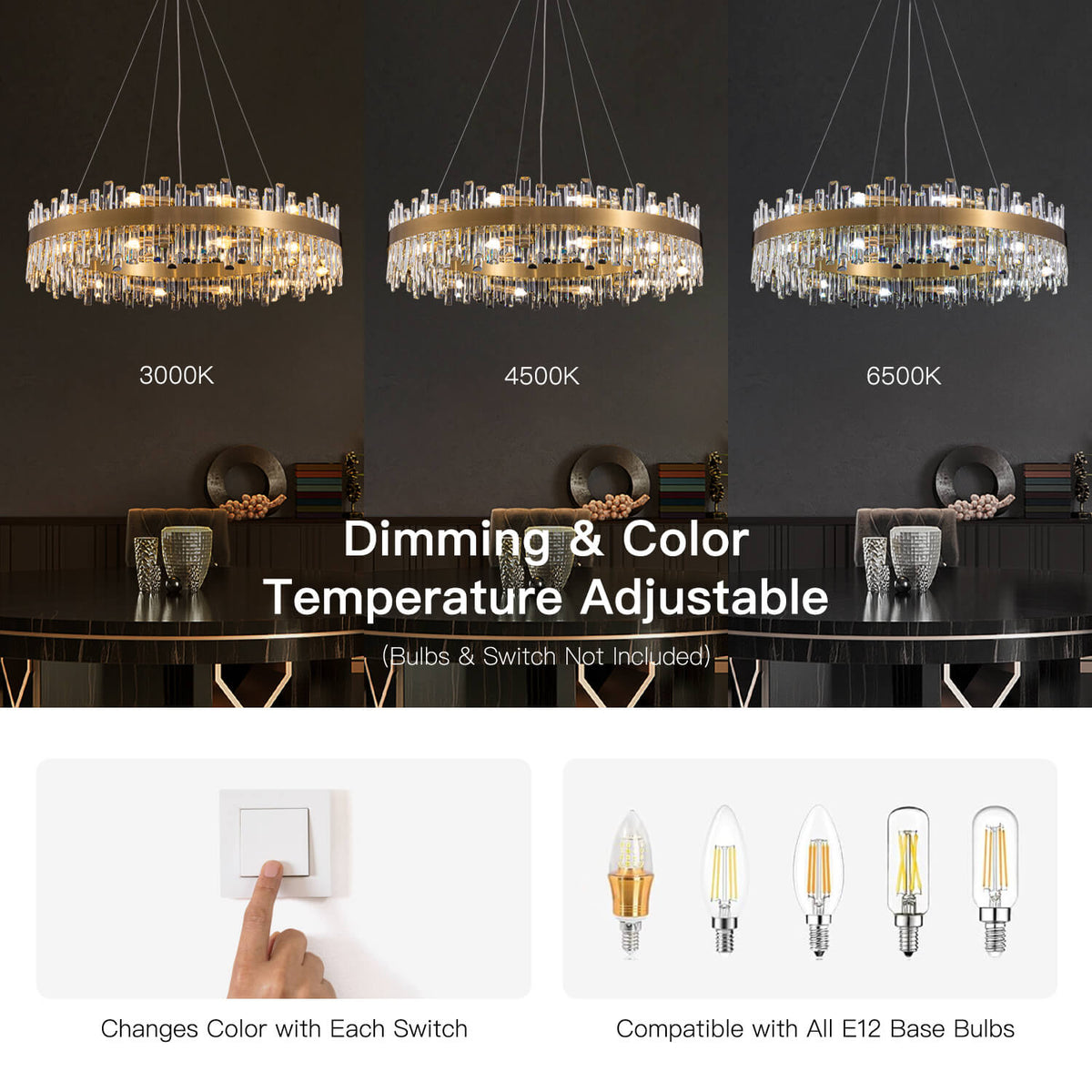 Round Crystal Chandelier Gold Metal 20-Inch Adjustable Height Ceiling Fixture Hanging Lights for Dining Tables Kitchen Islands Living Spaces