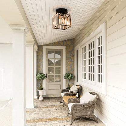 Decorative Flush Mount Light Fixture with Glass Cube and Metal Accents E27 Socket for Entryway Bedroom Small Room Ambient Overhead Lighting