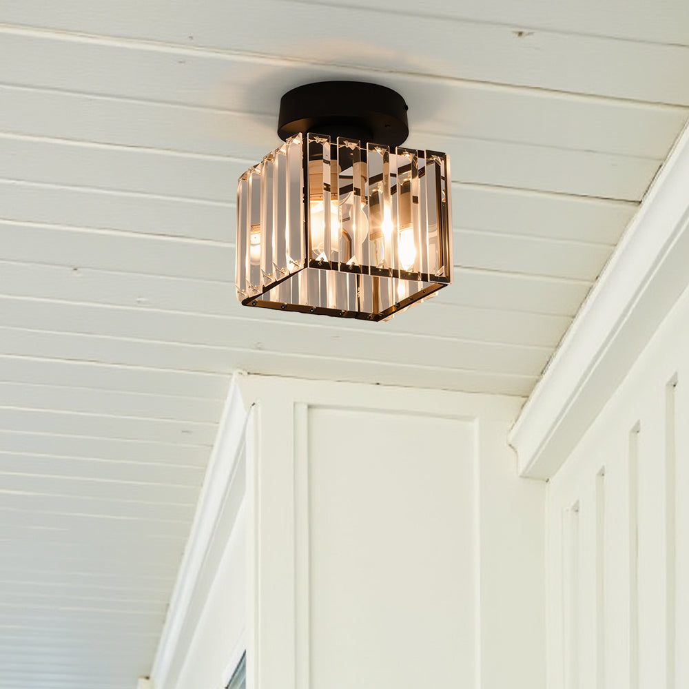 Flush Mount Crystal Light Fixture E27 Socket Black Gold for Bedroom Living Room Hallway Indoor Home Décor Compact Reflective Shade Elegant A