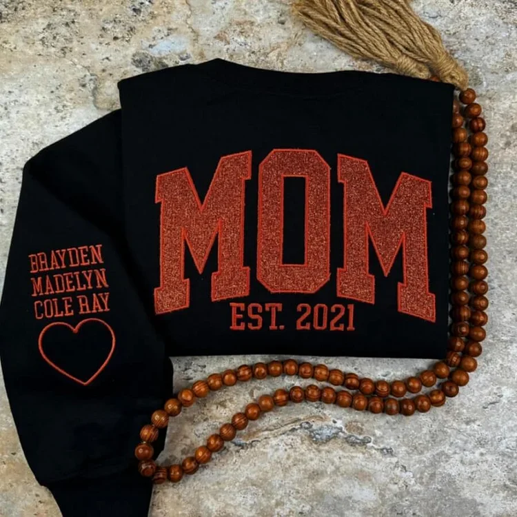 Custom Name Embroidered Glitter Sweatshirt for Moms | Personalized Pullover with Kids Names on Sleeve | Unisex Fit | Hoodie or Crew Neck