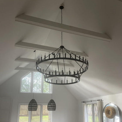 Two-Tier Statement Chandelier with Candelabra Bulbs for Dining Room & Foyer – Handcrafted Iron Rings, 30-66 LED Lights, Vintage Industrial