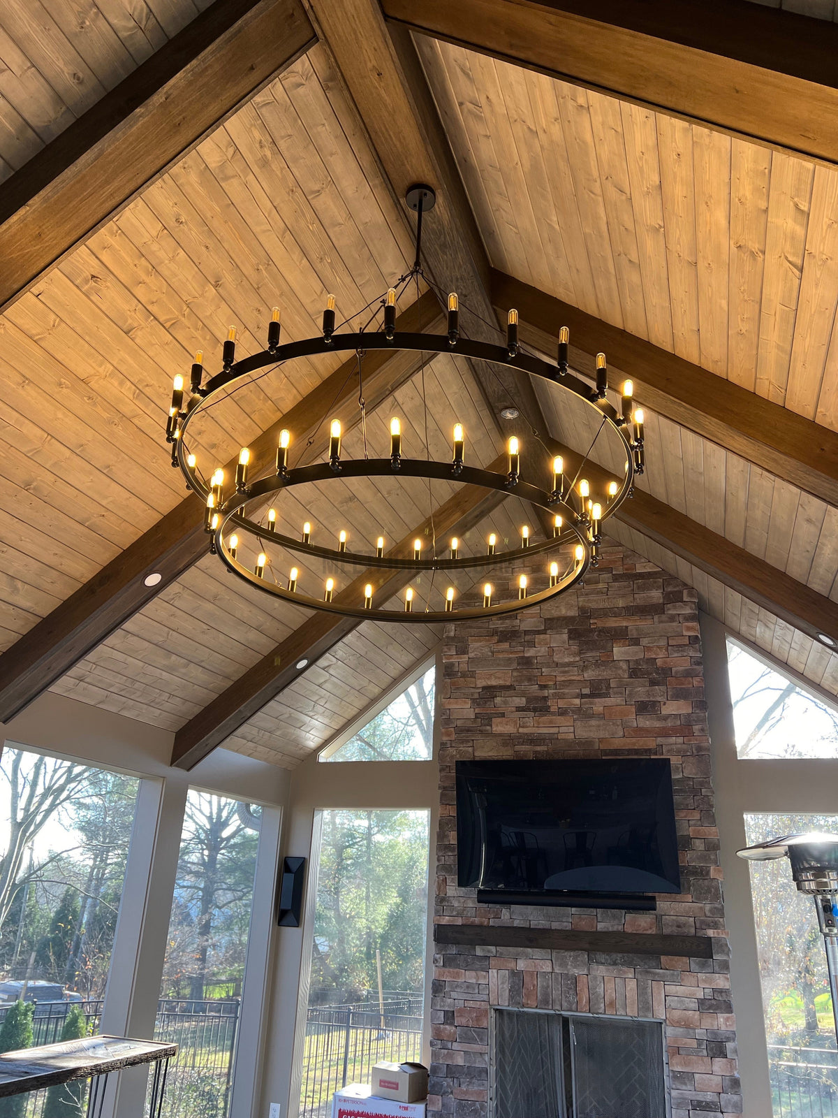 Two-Tier Statement Chandelier with Candelabra Bulbs for Dining Room & Foyer – Handcrafted Iron Rings, 30-66 LED Lights, Vintage Industrial