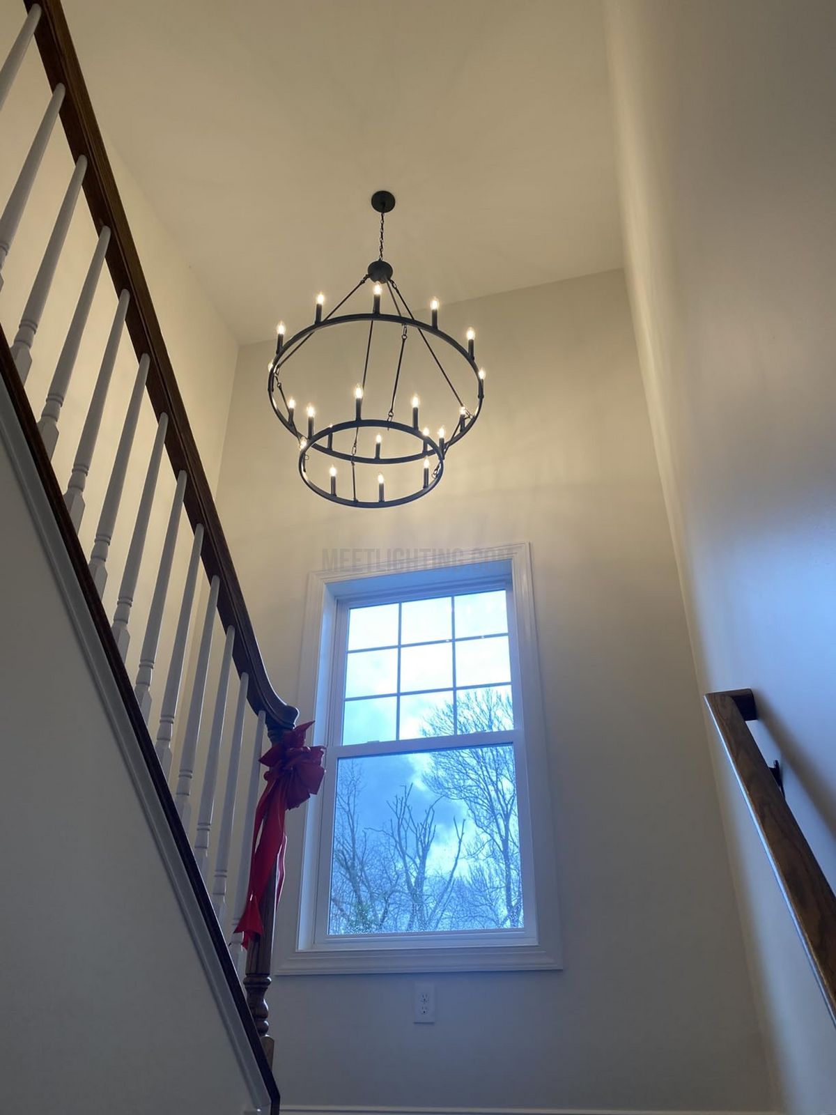 Circular Iron Ring Chandelier with Candelabra Bulbs – Statement Lighting for High Ceilings – 5 Diameter Options from 27" to 73"