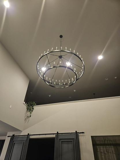 Circular Iron Ring Chandelier with Candelabra Bulbs – Statement Lighting for High Ceilings – 5 Diameter Options from 27" to 73"