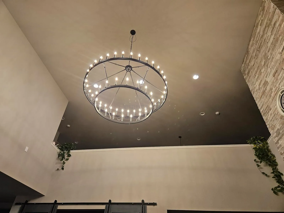Circular Iron Ring Chandelier with Candelabra Bulbs – Statement Lighting for High Ceilings – 5 Diameter Options from 27" to 73"