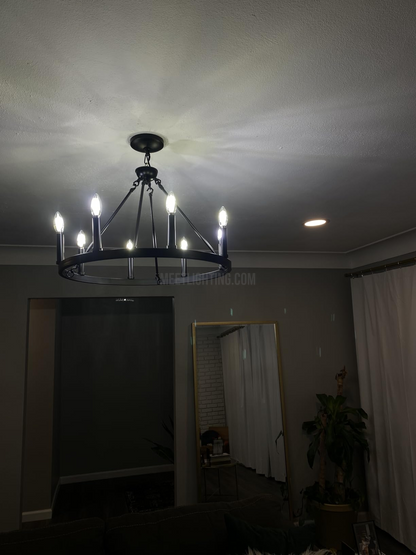 Circular Iron Ring Chandelier with Candelabra Bulbs – Statement Lighting for High Ceilings – 5 Diameter Options from 27" to 73"