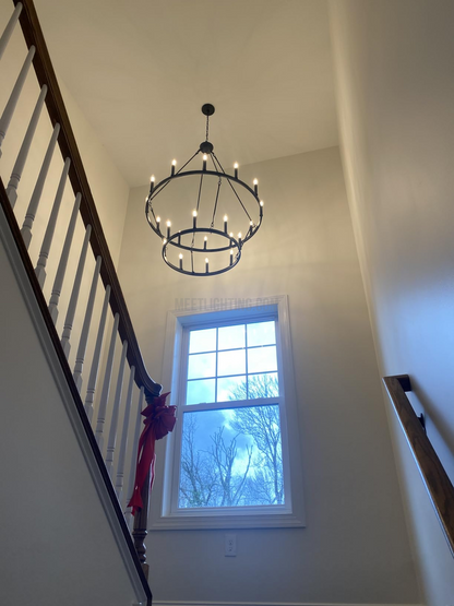 Two-Tier Industrial Chandelier with Filament Bulbs – Iron Angle Frame for Dining Room, Foyer & Living Space