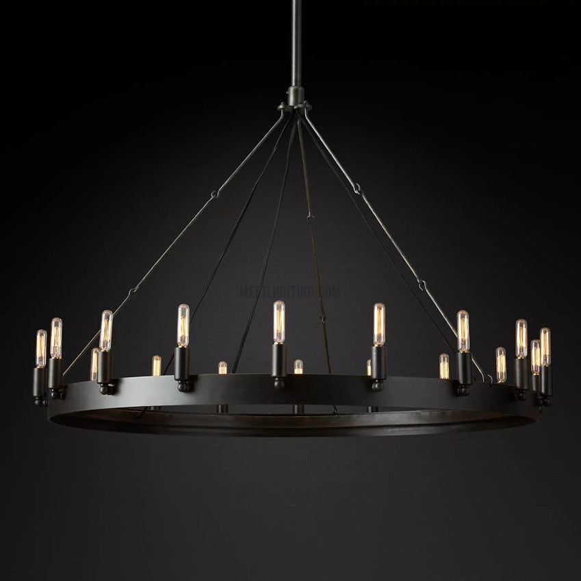 Industrial Round Iron Chandelier with Vintage Filament Bulbs for Dining Room & Foyer
