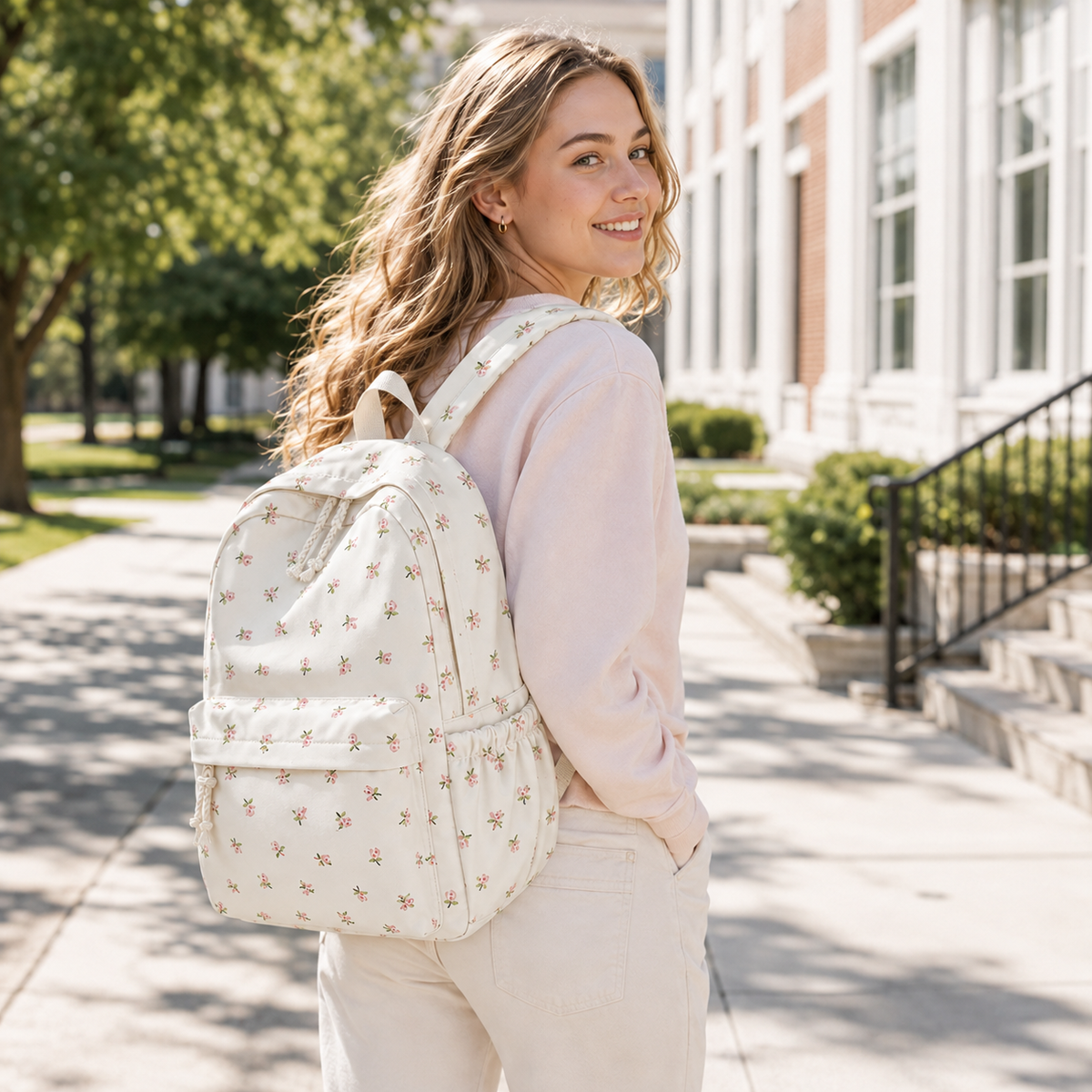 Floral Print School Backpack with Multiple Pockets for Students & Daily Use