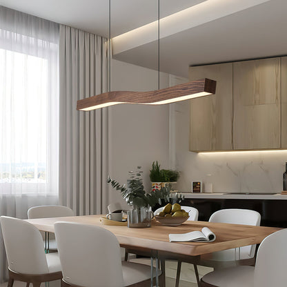 Modern Wave Pendant Light with Walnut-Finish Metal Frame & Dimmable LED for Dining Room Kitchen