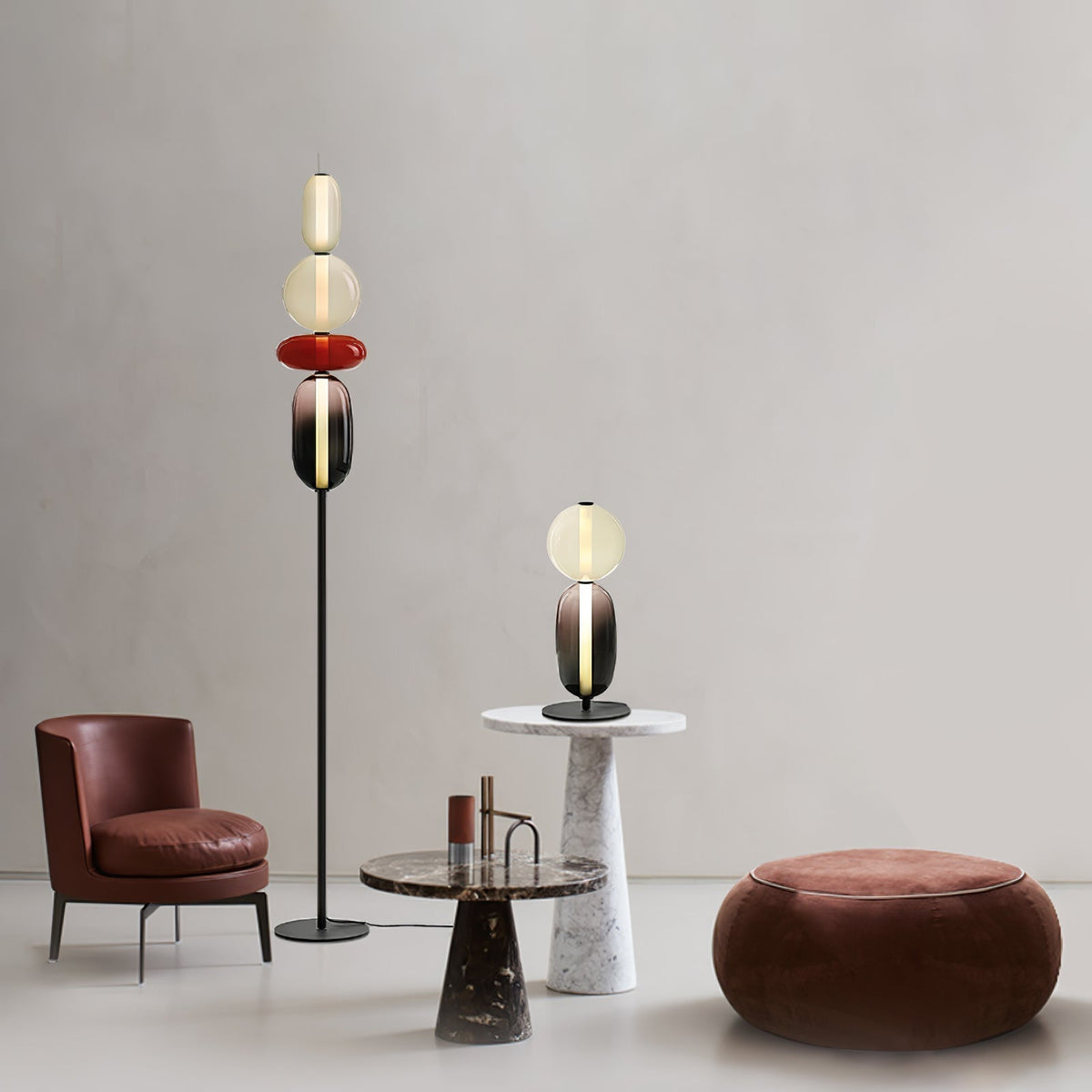 Artisan Glass Standing Lamp 63 in Red White Black Accent Light for Living Room Contemporary Sculptural Décor LED Uplight Statement Piece