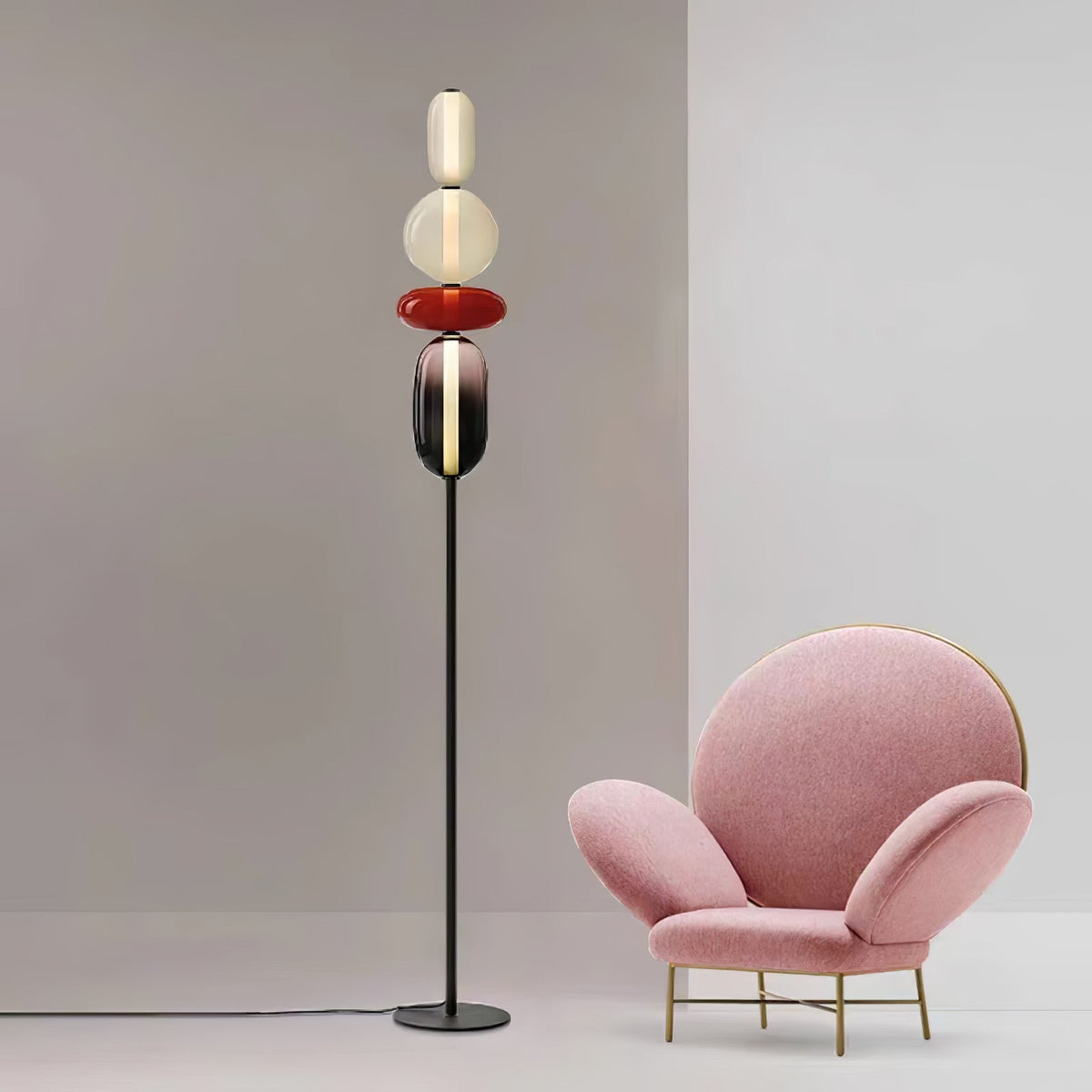 Artisan Glass Standing Lamp 63 in Red White Black Accent Light for Living Room Contemporary Sculptural Décor LED Uplight Statement Piece