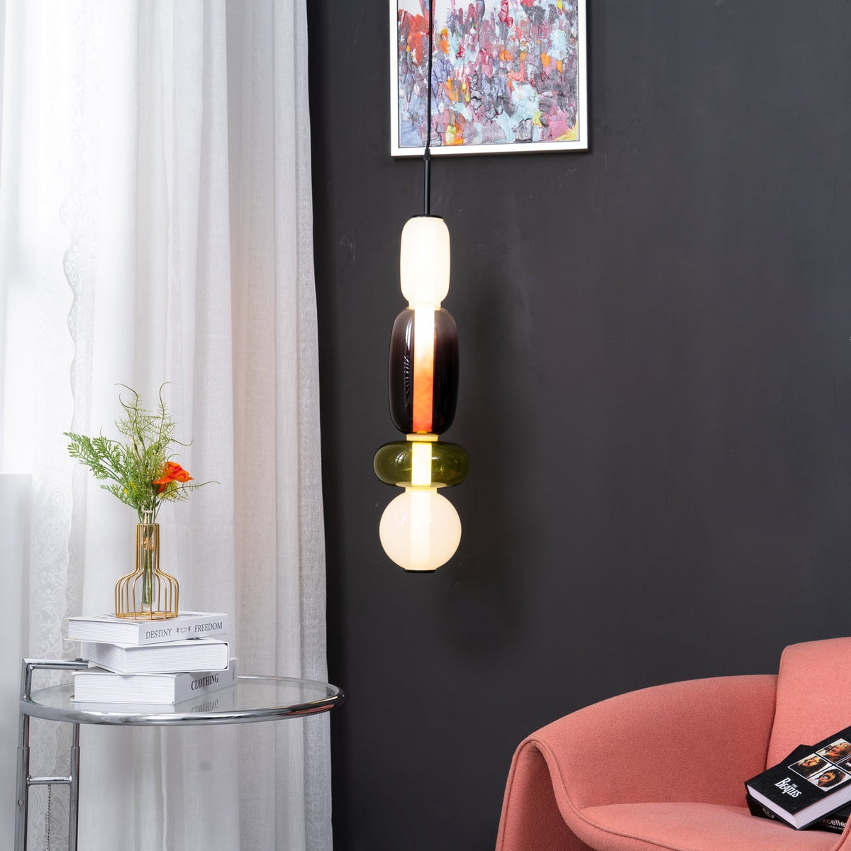 Multi-Jar LED Overhead Fixture 20 Inch Colorful Tinted Glass Drop Lights for Dining Kitchen Bedroom Modern Bohemian Accent Chandelier Adjust