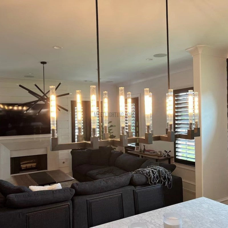 Linear Dining Room Chandelier 67 in Brass & Ribbed Glass 12-Light for Kitchen Island Entryway Foyer