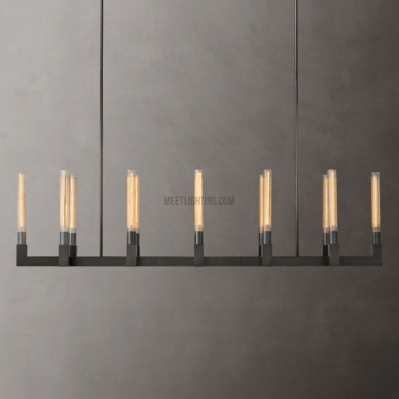 Linear Dining Room Chandelier 67 in Brass & Ribbed Glass 12-Light for Kitchen Island Entryway Foyer