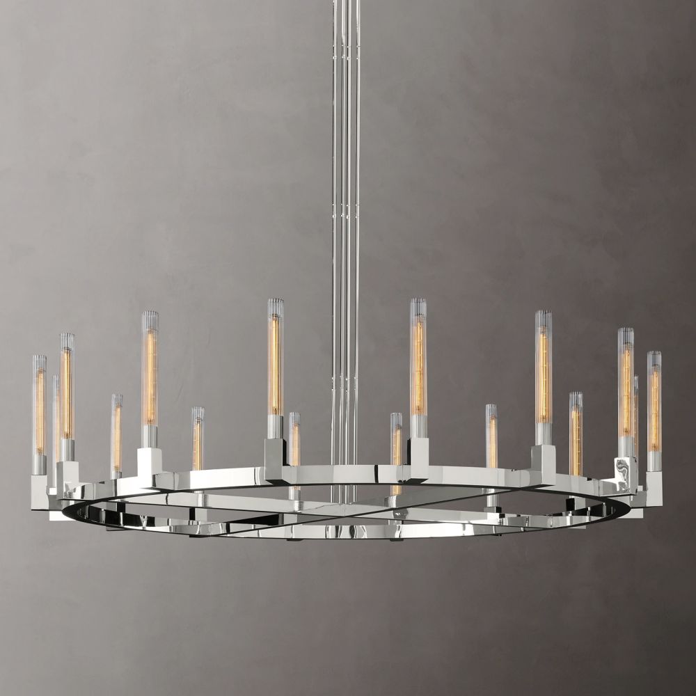Fluted Glass Ring Chandelier 8-16 Lights Brass Nickel or Black 36-72 Inch Adjustable Height for Dining Room Foyer Living Room Large