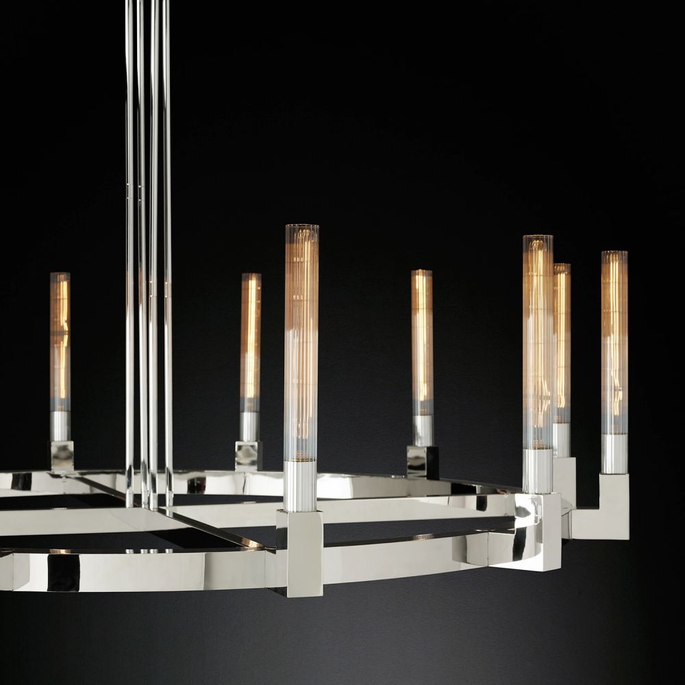 Fluted Glass Ring Chandelier 8-16 Lights Brass Nickel or Black 36-72 Inch Adjustable Height for Dining Room Foyer Living Room Large