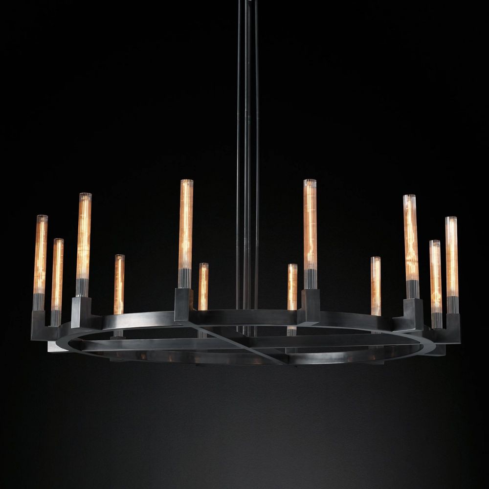 Fluted Glass Ring Chandelier 8-16 Lights Brass Nickel or Black 36-72 Inch Adjustable Height for Dining Room Foyer Living Room Large