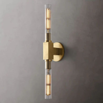 Ribbed Glass Linear Vanity Light 2-Bulb Brass Wall Fixture for Bathroom Living Room Bedroom Hallway