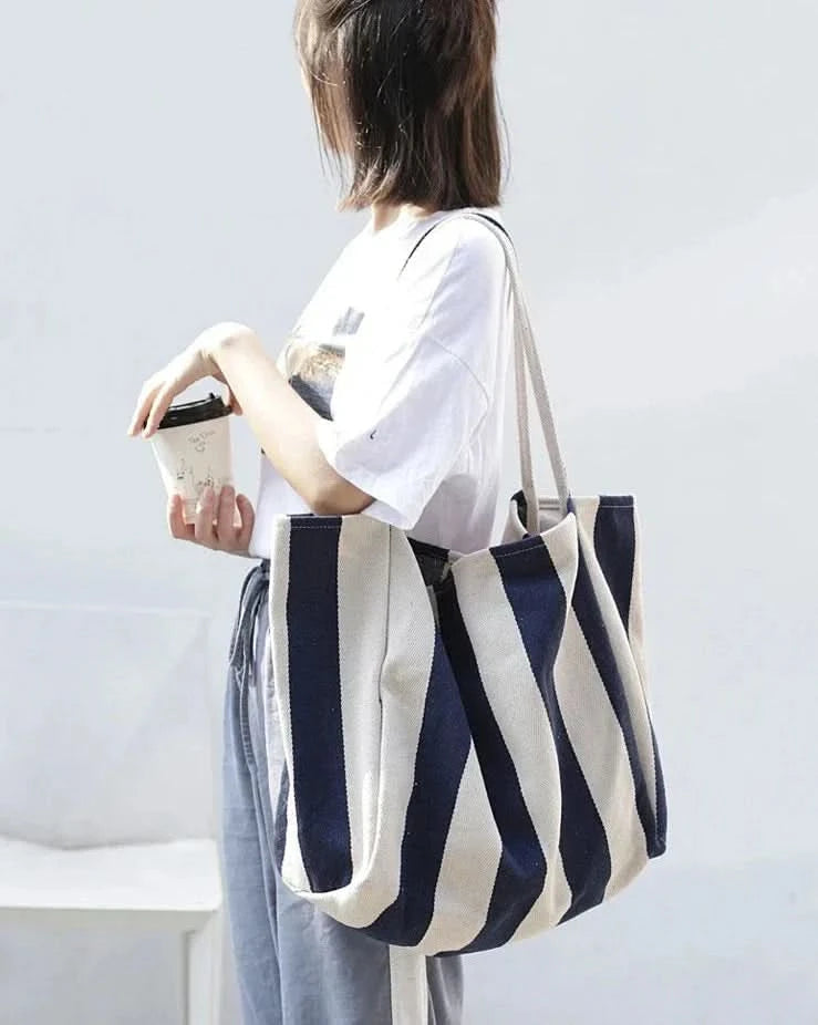 Everyday Essentials | Canvas Tote Bag with Striped Design & Long Handles | Durable and Stylish for Daily Use