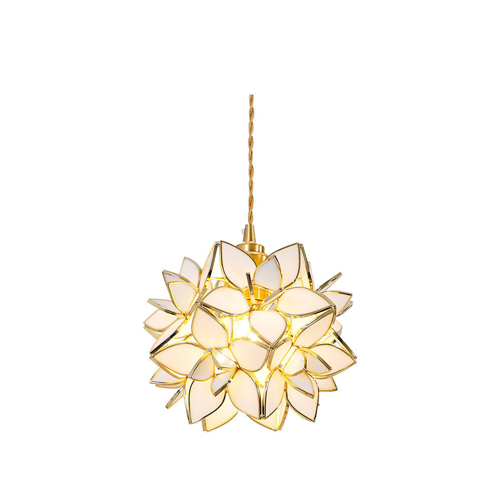 Glass Globe Ceiling Light with Floral Detail, 8-Inch Brass Hanging Fixture for Dining Room & Bedroom Ambient Lighting