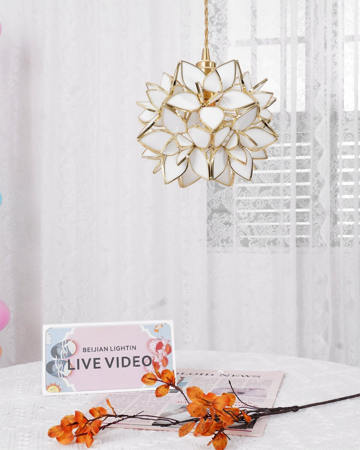 Glass Globe Ceiling Light with Floral Detail, 8-Inch Brass Hanging Fixture for Dining Room & Bedroom Ambient Lighting