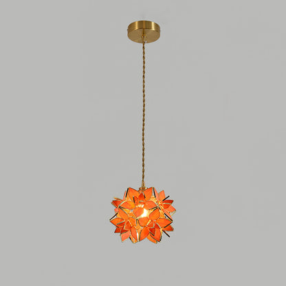 Glass Globe Ceiling Light with Floral Detail, 8-Inch Brass Hanging Fixture for Dining Room & Bedroom Ambient Lighting