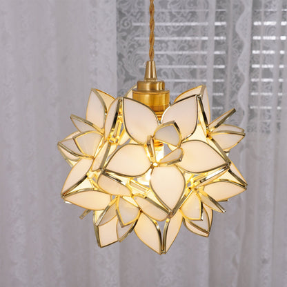 Glass Globe Ceiling Light with Floral Detail, 8-Inch Brass Hanging Fixture for Dining Room & Bedroom Ambient Lighting