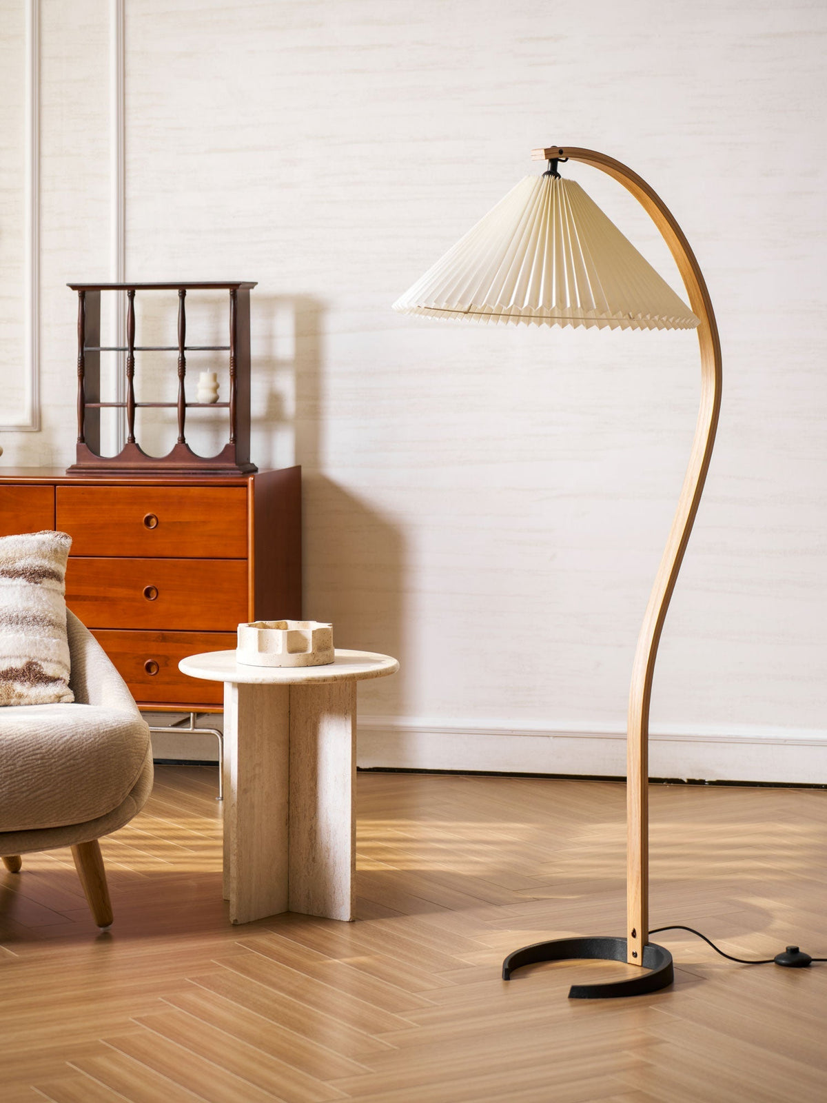 Arched Wood Reading Lamp with Fabric Shade 59 in Tall Modern Over-Sofa Light Natural Finish for Living Rooms Bedrooms Minimalist Standing La