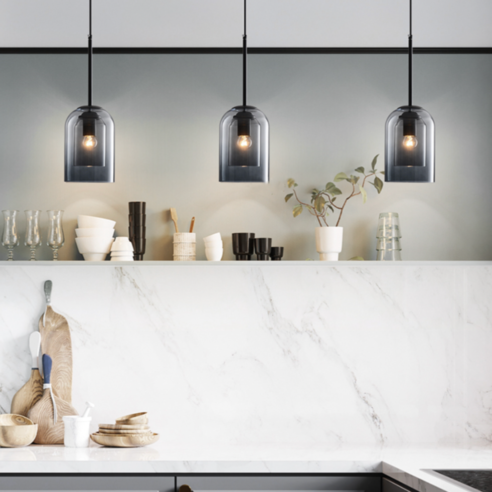 Modern Smoked Glass Pendant Light with Metal Frame for Dining Room & Bedroom | Contemporary Industrial Hanging Lamp Fixture | Ceiling