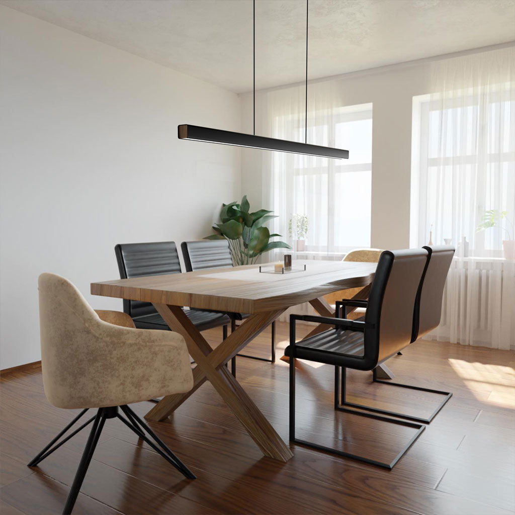 Hanging Light Fixture for Kitchen Island & Dining Room | Wood & Metal Linear Bar 31.5-71 in | Height-Adjustable Overhead LED | Remote-Contro