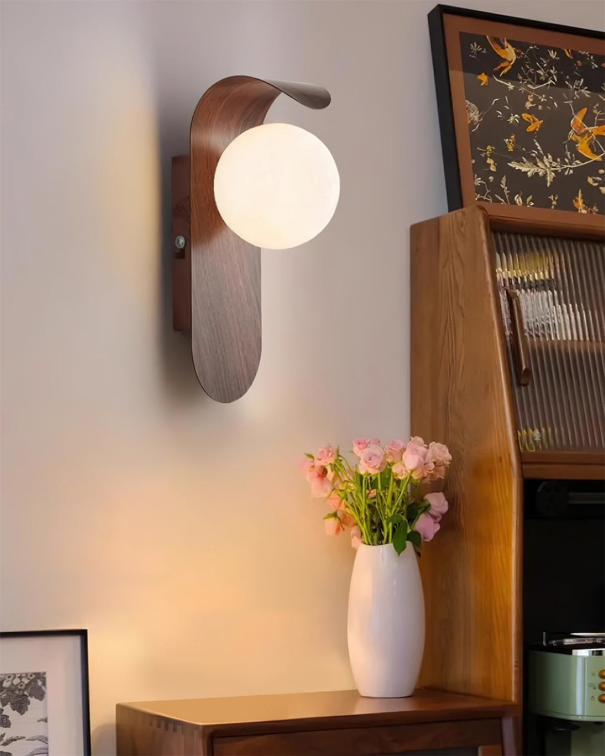 Spherical Sconce with Timber Accent – Frosted Orb Fixture for Bathrooms, Hallways & Bedrooms – Dimmable G9 Base