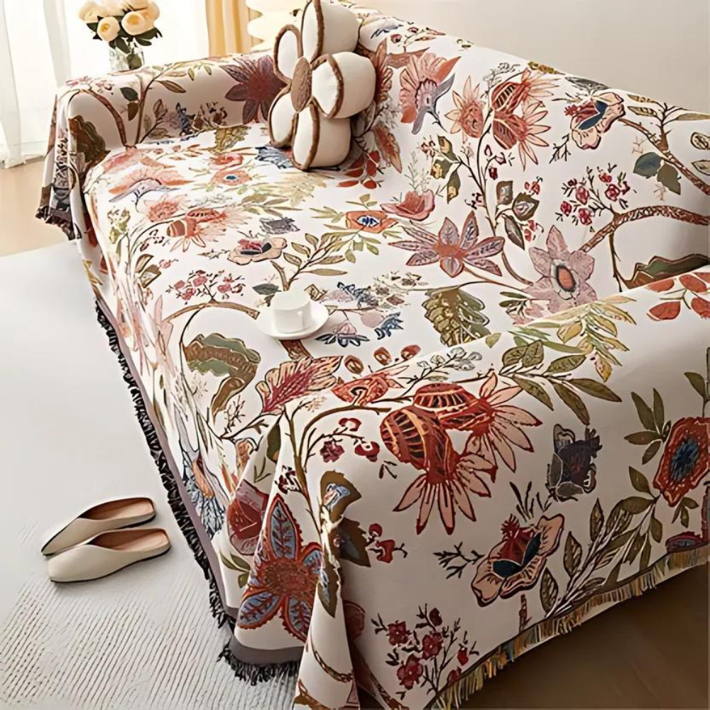 Carmen Floral Throw Blanket - Soft Polyester Cotton Blend, Rustic Tassels