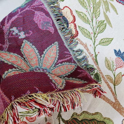 Carmen Floral Throw Blanket - Soft Polyester Cotton Blend, Rustic Tassels