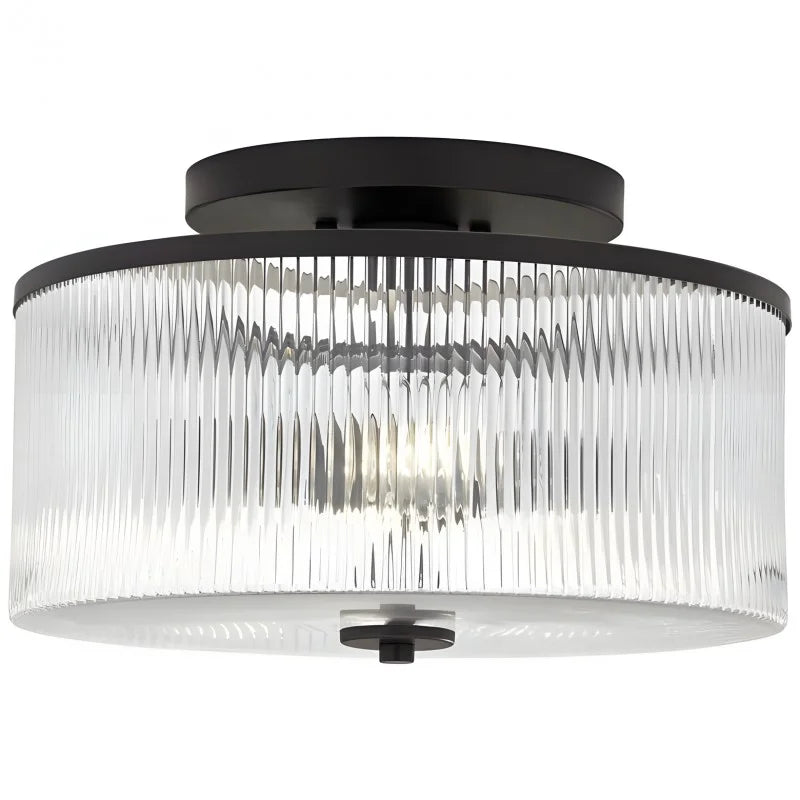 Dual-Socket Flush-Mount Fixture 14 Inch Black Brass Ribbed Glass Shade Hardwired Semi-Flush Overhead Light for Bedroom Entryway Dining Room