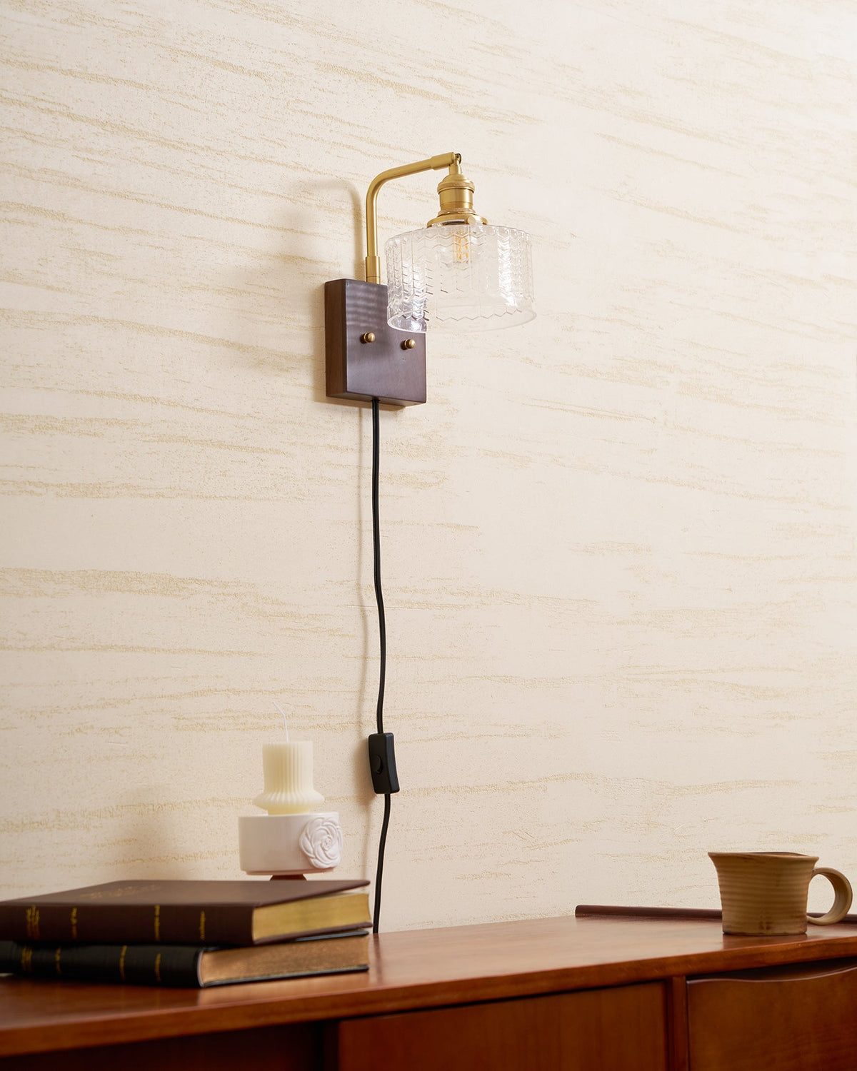Handcrafted Wooden Sconce with Brass Accents and Emerald Fishscale Glass Shade for Hallway Bedroom Bathroom Ambient Lighting